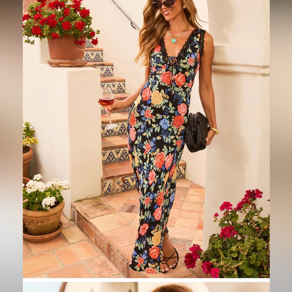 Vici Black Maxi Dress with Multicolor Floral Design